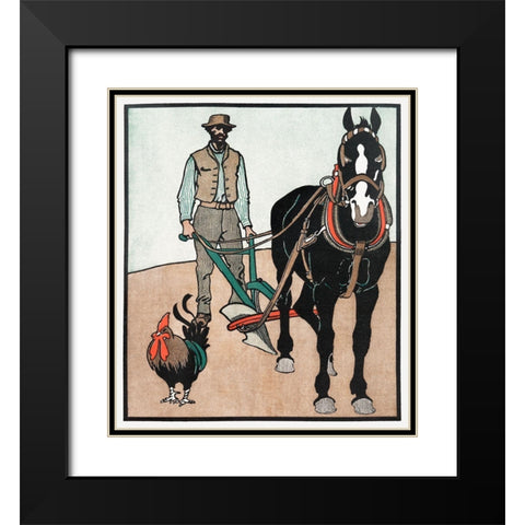 Man with Rooster and Horse Black Modern Wood Framed Art Print with Double Matting by Penfield, Edward