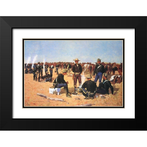 A Cavalrymans Breakfast on the Plains Black Modern Wood Framed Art Print with Double Matting by Remington, Frederic