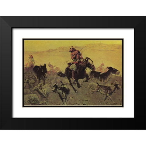 Navajo Raid Black Modern Wood Framed Art Print with Double Matting by Remington, Frederic