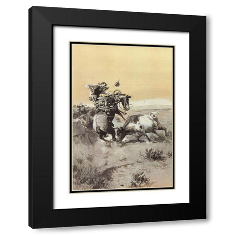 A Moment of Great Peril in a Cowboys Career Black Modern Wood Framed Art Print with Double Matting by Russell, Charles Marion