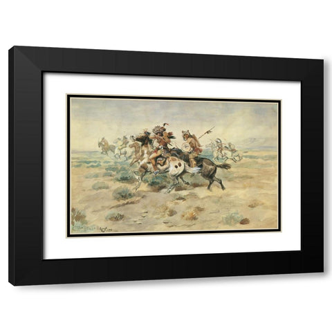 Indian Fight Black Modern Wood Framed Art Print with Double Matting by Russell, Charles Marion