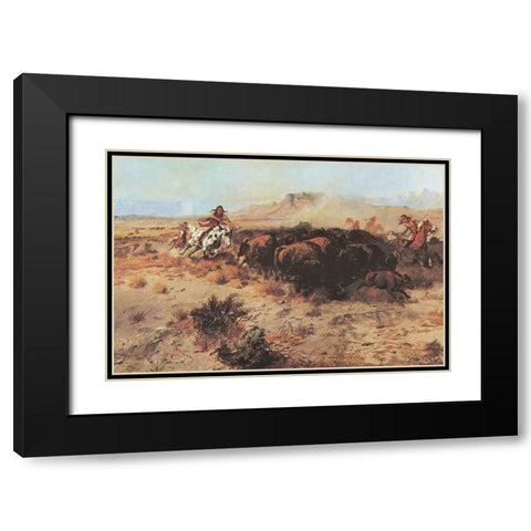 The Buffalo Hunt No 26 Black Modern Wood Framed Art Print with Double Matting by Russell, Charles Marion