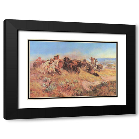 The Buffalo Hunt No 40 Black Modern Wood Framed Art Print with Double Matting by Russell, Charles Marion