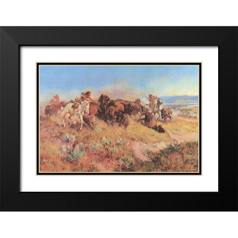 The Buffalo Hunt No 40 Black Modern Wood Framed Art Print with Double Matting by Russell, Charles Marion