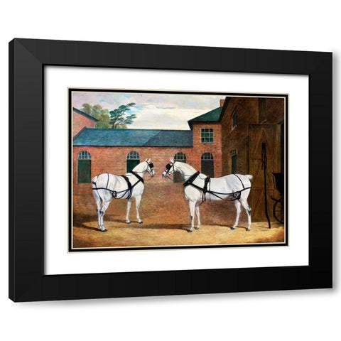 Grey carriage horses in the coachyard at Putteridge Bury-Hertfordshire Black Modern Wood Framed Art Print with Double Matting by Herring, John Frederick