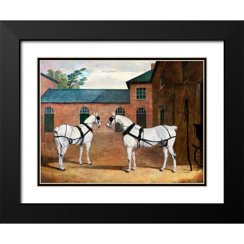 Grey carriage horses in the coachyard at Putteridge Bury-Hertfordshire Black Modern Wood Framed Art Print with Double Matting by Herring, John Frederick
