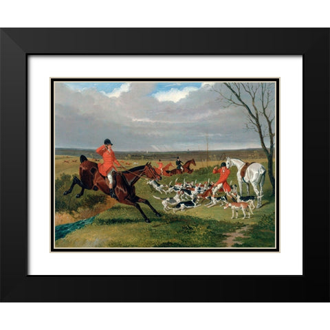The Suffolk Hunt-The Death Black Modern Wood Framed Art Print with Double Matting by Herring, John Frederick