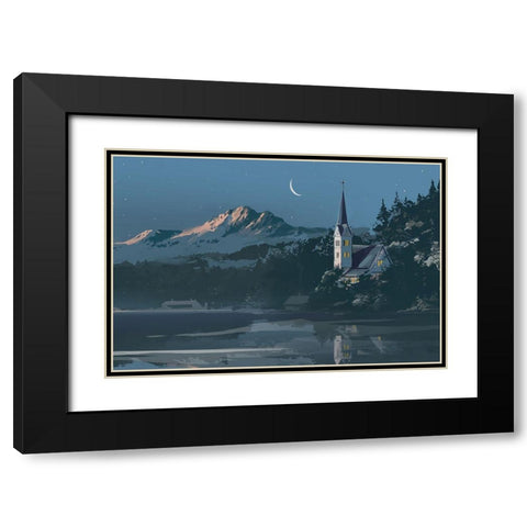 Winter Church Black Modern Wood Framed Art Print with Double Matting by East Coast Licensing
