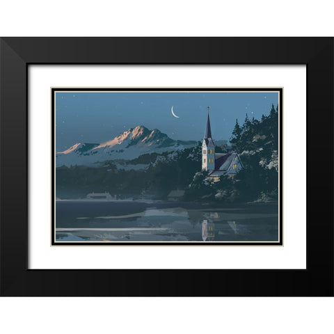 Winter Church Black Modern Wood Framed Art Print with Double Matting by East Coast Licensing
