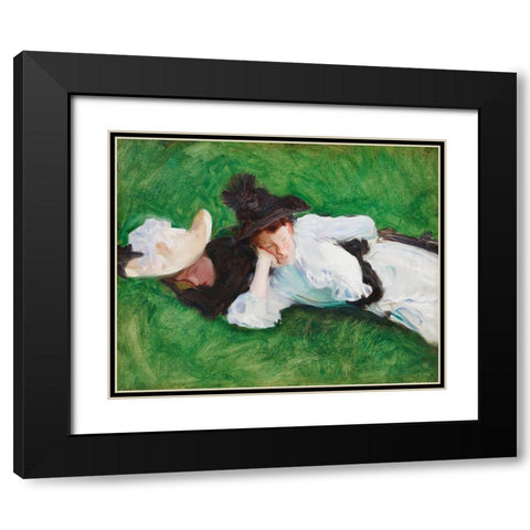 Two Girls on a Lawn Black Modern Wood Framed Art Print with Double Matting by Sargent, John Singer