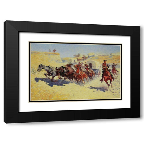 Attack on the Supply Wagons Black Modern Wood Framed Art Print with Double Matting by Remington, Frederic