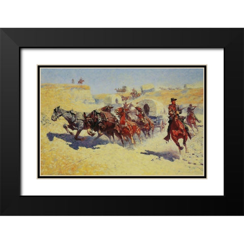 Attack on the Supply Wagons Black Modern Wood Framed Art Print with Double Matting by Remington, Frederic
