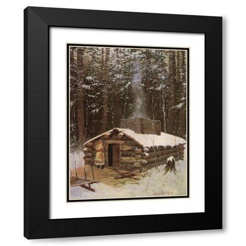Cabin in the Woods Black Modern Wood Framed Art Print with Double Matting by Remington, Frederic