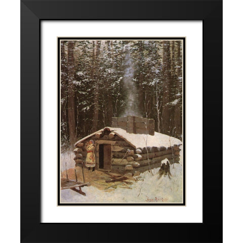 Cabin in the Woods Black Modern Wood Framed Art Print with Double Matting by Remington, Frederic