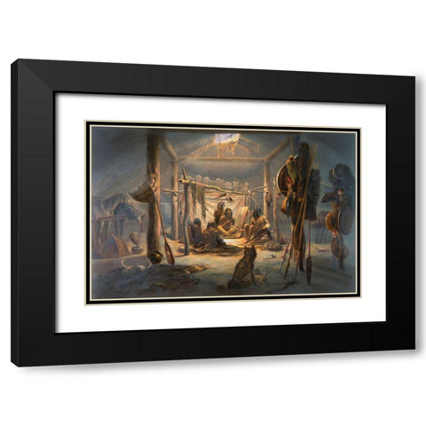 The Interior of the Hut of a Mandan Chief Black Modern Wood Framed Art Print with Double Matting by Bodmer, Karl