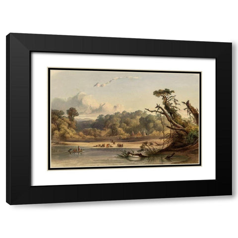 Punca Indians encamped on the banks of the Missouri Black Modern Wood Framed Art Print with Double Matting by Bodmer, Karl