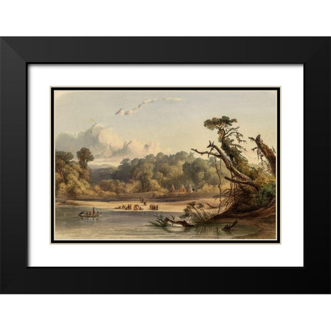 Punca Indians encamped on the banks of the Missouri Black Modern Wood Framed Art Print with Double Matting by Bodmer, Karl