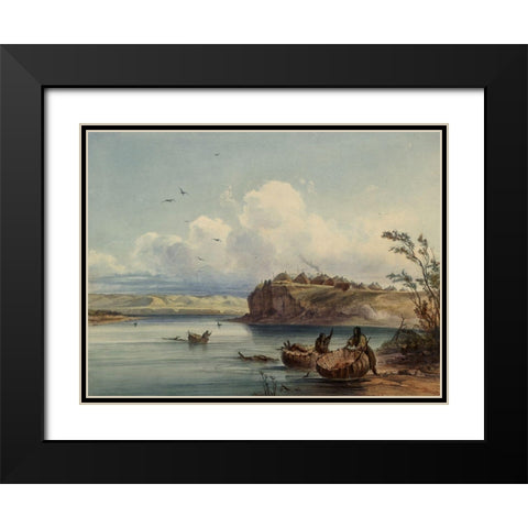 A Mandan village Black Modern Wood Framed Art Print with Double Matting by Bodmer, Karl