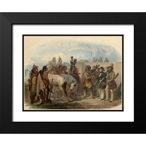 The travellers meeting with Minatarre indians Black Modern Wood Framed Art Print with Double Matting by Bodmer, Karl