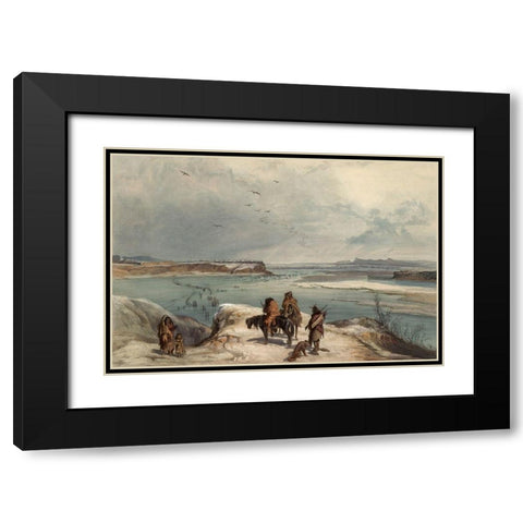 Fort Clack on the Missouri Black Modern Wood Framed Art Print with Double Matting by Bodmer, Karl