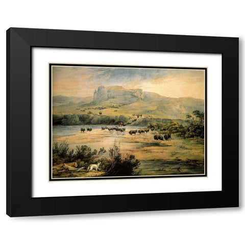 Landscape with buffalo on the upper Missouri Black Modern Wood Framed Art Print with Double Matting by Bodmer, Karl