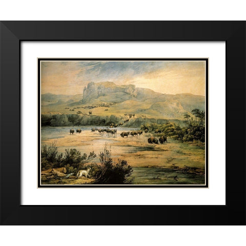Landscape with buffalo on the upper Missouri Black Modern Wood Framed Art Print with Double Matting by Bodmer, Karl