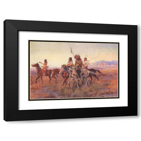 Four Mounted Indians Black Modern Wood Framed Art Print with Double Matting by Russell, Charles Marion