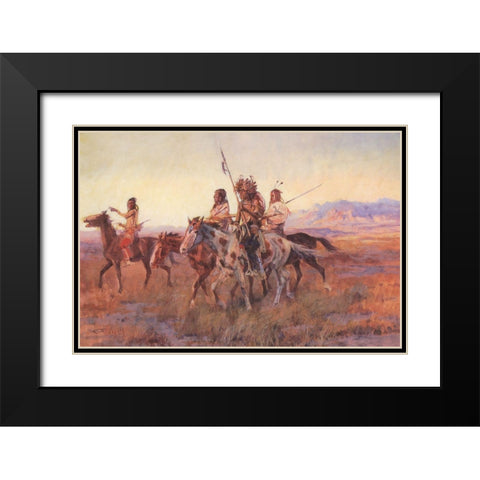 Four Mounted Indians Black Modern Wood Framed Art Print with Double Matting by Russell, Charles Marion