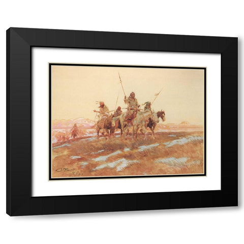 Piegan Hunting Party Black Modern Wood Framed Art Print with Double Matting by Russell, Charles Marion