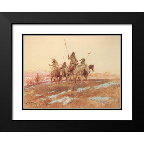 Piegan Hunting Party Black Modern Wood Framed Art Print with Double Matting by Russell, Charles Marion