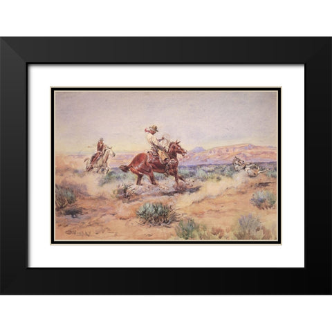 Roping a Wolf by the neck Black Modern Wood Framed Art Print with Double Matting by Russell, Charles Marion