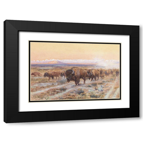 The Bison Trail Black Modern Wood Framed Art Print with Double Matting by Russell, Charles Marion