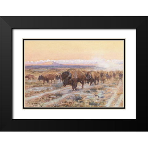 The Bison Trail Black Modern Wood Framed Art Print with Double Matting by Russell, Charles Marion