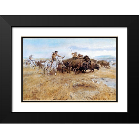 The Buffalo Hunt Black Modern Wood Framed Art Print with Double Matting by Russell, Charles Marion