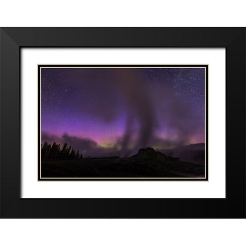 Aurora borealis I, Upper Geyser Basin, Yellowstone National Park Black Modern Wood Framed Art Print with Double Matting by The Yellowstone Collection