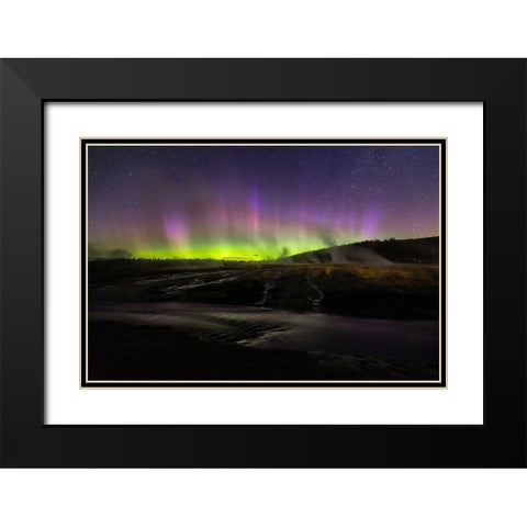 Aurora borealis III, Upper Geyser Basin, Yellowstone National Park Black Modern Wood Framed Art Print with Double Matting by The Yellowstone Collection