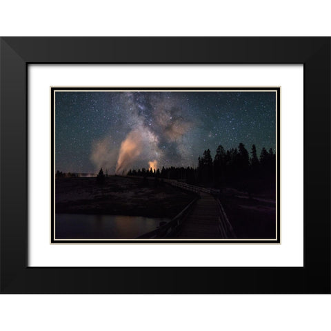 Milky Way and Castle Geyser over the Firehole River, Yellowstone National Park Black Modern Wood Framed Art Print with Double Matting by Frank, Jacob W.