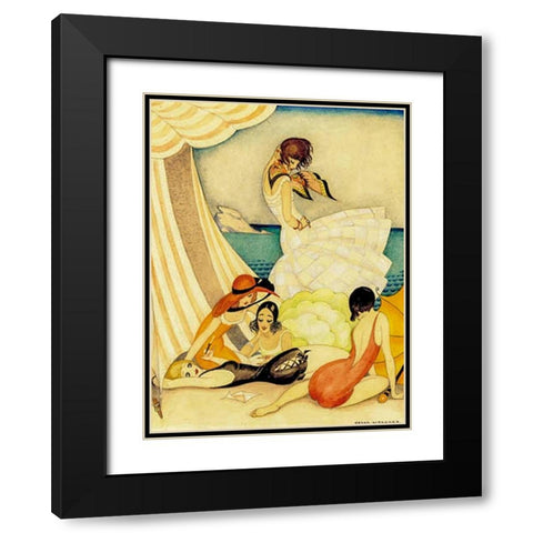 Five women at a beach Black Modern Wood Framed Art Print with Double Matting by Wegener, Gerda