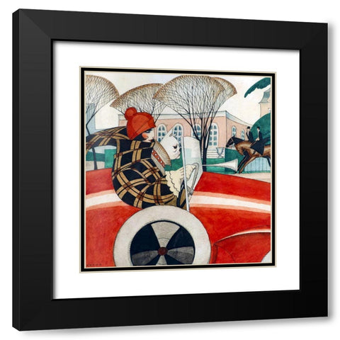 Girl and pug in an Automobile Black Modern Wood Framed Art Print with Double Matting by Wegener, Gerda