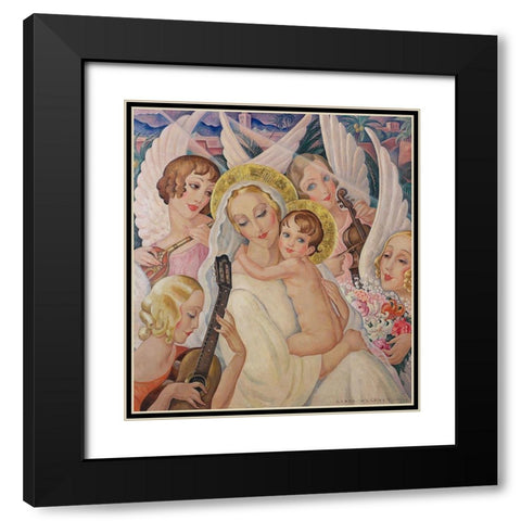 Madonna and child-surrounded by angels with musical instruments Black Modern Wood Framed Art Print with Double Matting by Wegener, Gerda