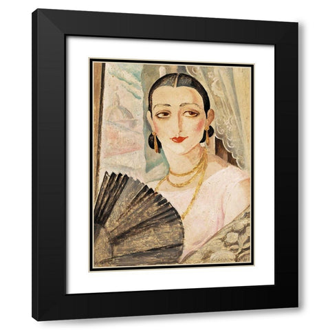 Portrait of Lili Elbe with a fan Black Modern Wood Framed Art Print with Double Matting by Wegener, Gerda