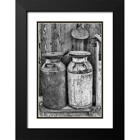 Milk Churns Black Modern Wood Framed Art Print with Double Matting by Vintage Photo Archive