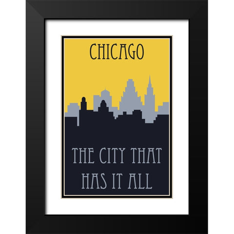 Chicago Skyline Poster Black Modern Wood Framed Art Print with Double Matting by Vintage Travel Posters