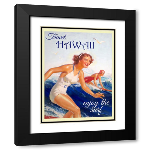 Hawaii Surfing Travel Poster Black Modern Wood Framed Art Print with Double Matting by Vintage Travel Posters