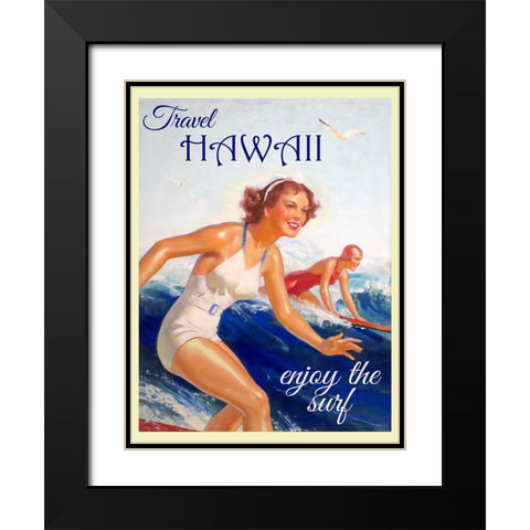 Hawaii Surfing Travel Poster Black Modern Wood Framed Art Print with Double Matting by Vintage Travel Posters