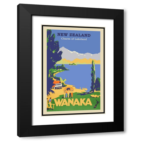 New Zealand Wanaka Travel Poster Black Modern Wood Framed Art Print with Double Matting by Vintage Travel Posters