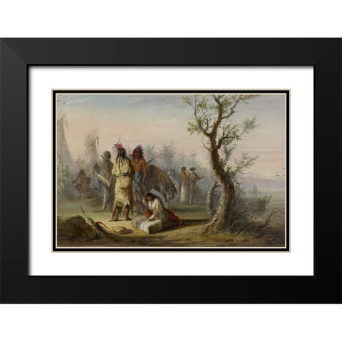 An Indian Camp Black Modern Wood Framed Art Print with Double Matting by Miller, Alfred Jacob