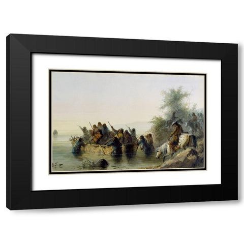 Bull Boating Black Modern Wood Framed Art Print with Double Matting by Miller, Alfred Jacob
