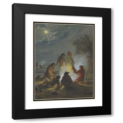 Camp Fire, Preparing the Evening Meal Black Modern Wood Framed Art Print with Double Matting by Miller, Alfred Jacob