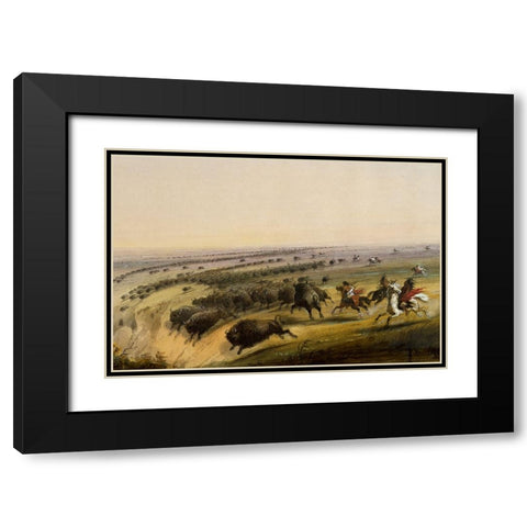 Hunting Buffalo Black Modern Wood Framed Art Print with Double Matting by Miller, Alfred Jacob